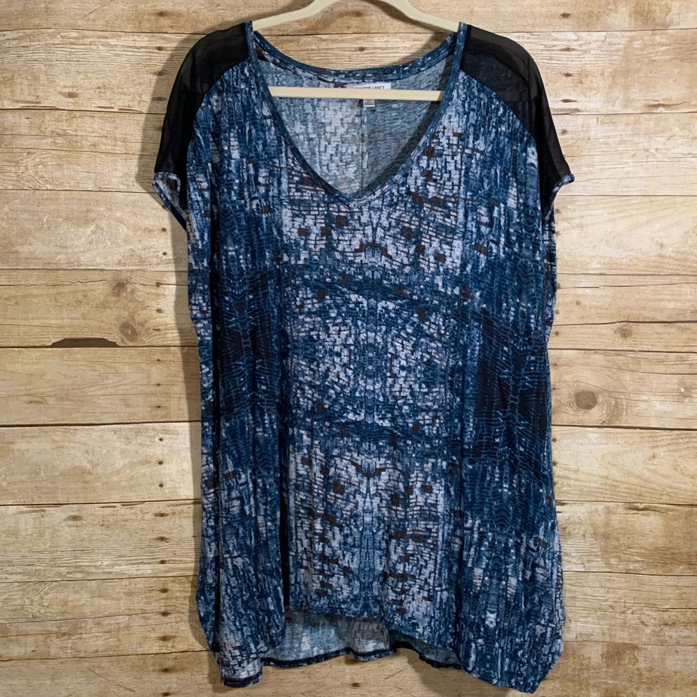 Jennifer Lopez Lightweight Blue Black Top Sheer Shoulder Inset Tunic EUC Size 0X